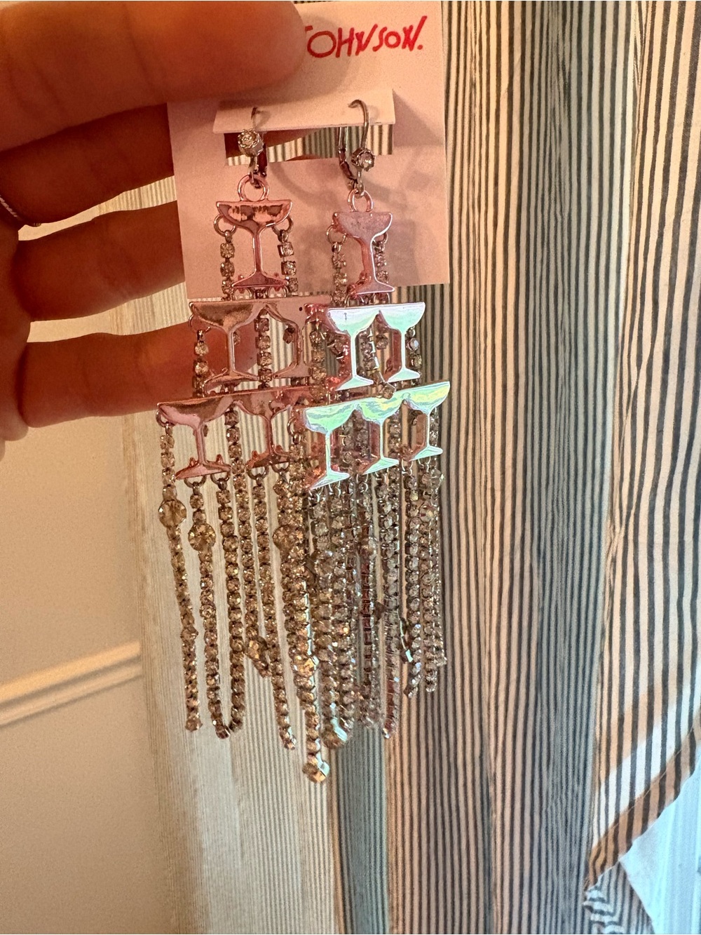 Betsey Johnson Pink Martini Glass Chandelier Earrings with Rhinestone Fringe